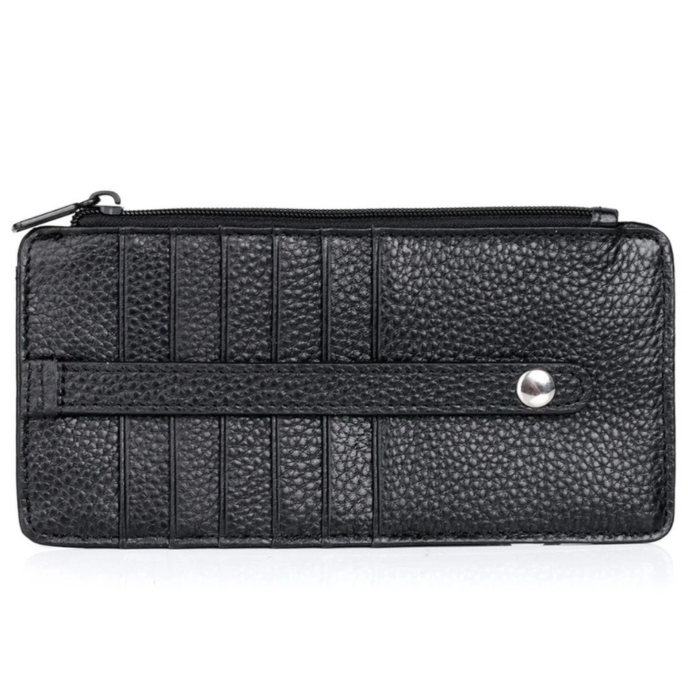 Julia Buxton Black Leather Thin Card Holder Pouch Zip Compartments Slots NWT